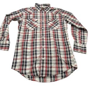 High Noon Mens Red‎ White Blue Plaid Western Pearl Snap Shirt Small Regular A299